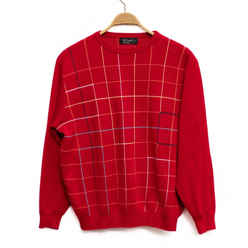 Vintage St. Croix Sweater Men L Red Check Plaid Pullover USA Made Luxury Knit - Picture 1 of 5